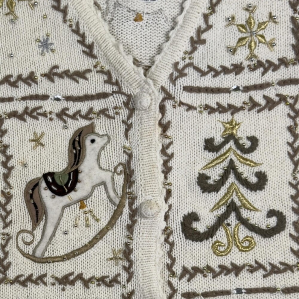 Vintage Christmas Cardigan Hand Embroidered Beaded Rocking Horse Snowman Size L - Picture 14 of 15